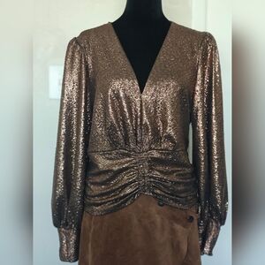 Metallic Foil Print Rouched Top V Neck Blouse Evening Bronze NWT